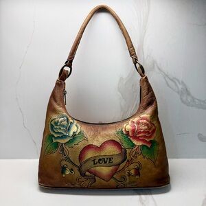❌SOLD❌Anuschka Hand-Painted Leather Hobo Handbag Purse Brown Love Heart Bag